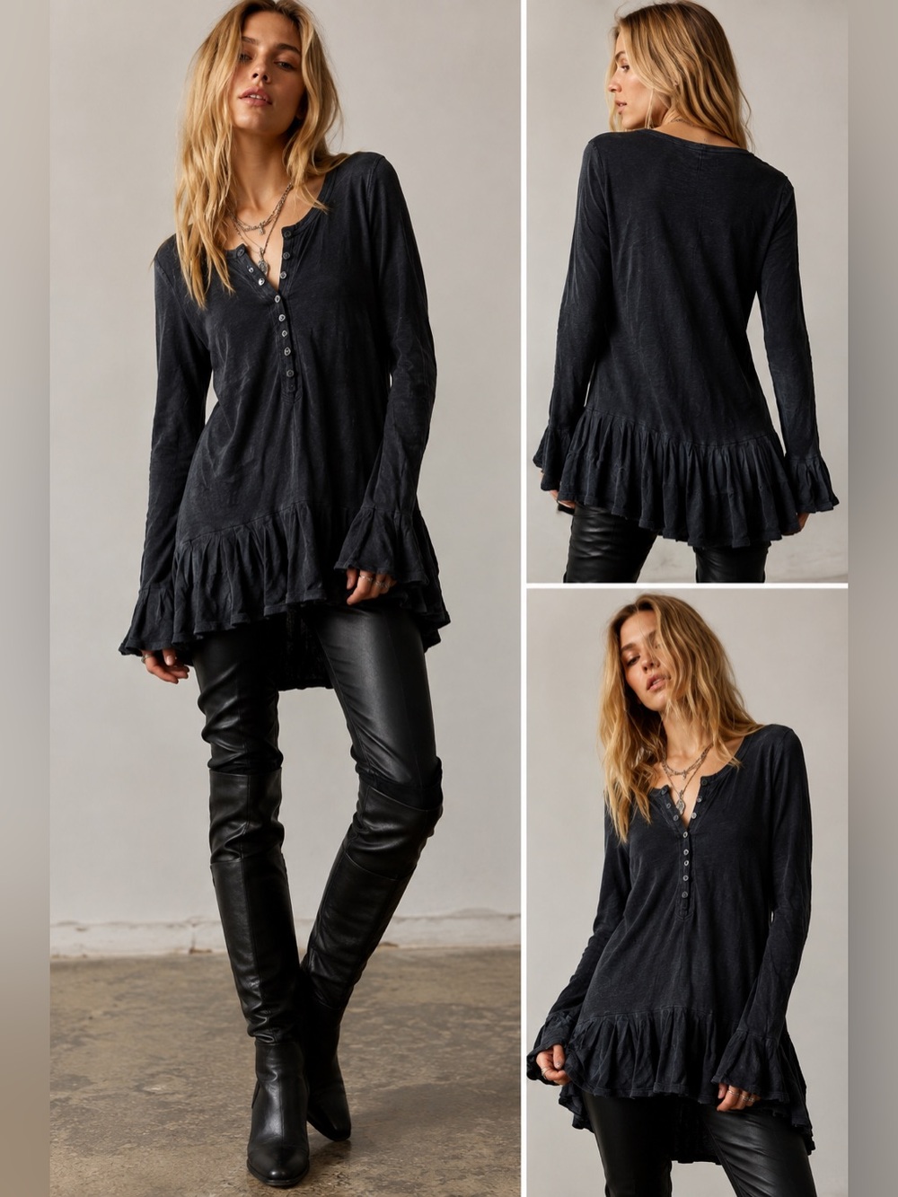 Free People Black Ruffle Hem Henley Tunic Top Size M